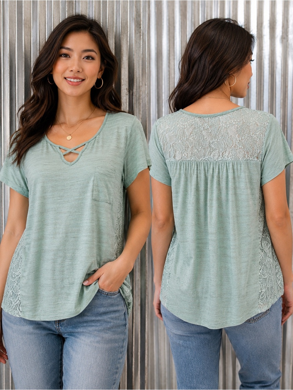 Tru Self 2X Mint Green Lace Panel Top Crisscross Neck Plus Size